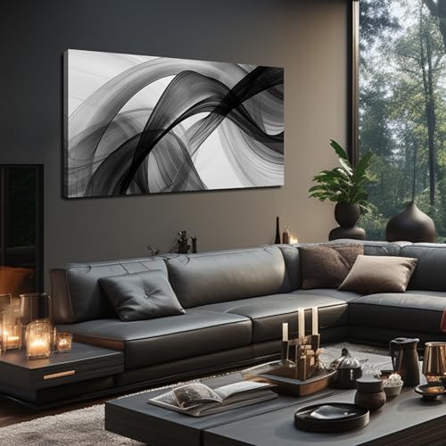 JuhaiArt Abstract Wall Art Large Black Picture Wall Decor White Canvas Art Modern Minimalist for Living Room Office 24"x 48" Monochrome Artwork - color: Black, size: 48"L x 24"W