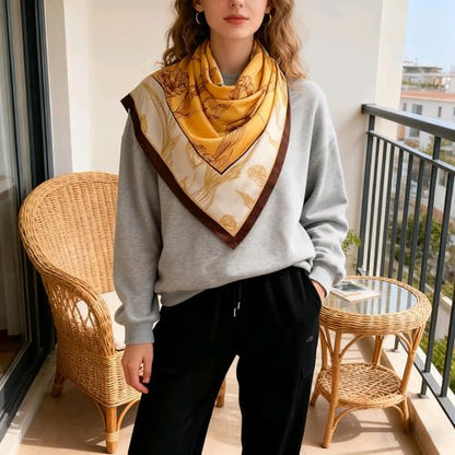 35" Head Scarf Large Square Scarf Like Cotton Hairscarf Fashion Scarves Bandana Night Sleeping Wraps for Women B01 - color: Beige/Coffee Tulips