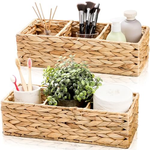 2 Pack 3-Section Woven Baskets, Water Hyacinth Storage Bin, Handwoven Desk Organizer, Toilet Paper Container, Rectangle Holder for Counter Top Toilet Tank Shelves Coffee Bar Pantry