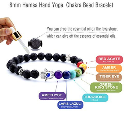 GelConnie Lava Rock Chakra Bracelet 7 Chakra 8mm Natural Stone Healing Bracelet Stress Relief Yoga Beads Anxiety Bracelet Aromatherapy Essential Oil Diffuser Bracelet Bangle - color: B-Evil Eye