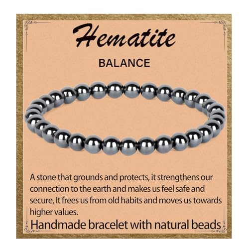 LPBeads Handmade Natural Gemstone Stretch Elastic Bracelet Healing Crystal Round Stone Beads Jewelry Gifts for Women Men - color: Hematite, size: 6mm