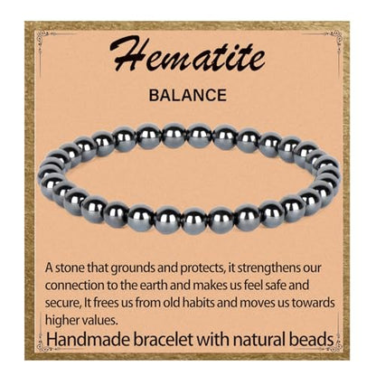 LPBeads Handmade Natural Gemstone Stretch Elastic Bracelet Healing Crystal Round Stone Beads Jewelry Gifts for Women Men - color: Hematite, size: 6mm