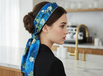 100% Silk Scarf for Women 59”*6.3” Long Shawls for Headscarf and Neck- Oblong Hair Wraps with Gift Packed - color: Water Lilies