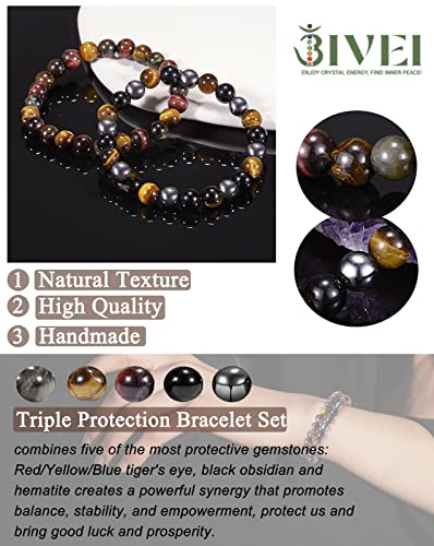 Bivei Natural Gemstone Semi Precious Healing Crystals Handmade Stretchy Round Beads Bracelet,Stocking Stuffers for Women Enhance Positive Energy - color: 8mm Triple Protection Set, size: Small: 6.5-6.7 inch