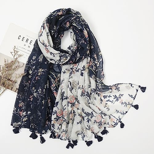 YOUR SMILE Large Boho Scarf for Women Lightweight Floral Printed Scarves Fall Winter Fashion Fringed Shawl wraps - color: 20 Navy/White Flower