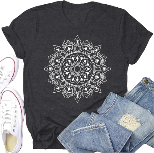Womens Mandala T-Shirt Boho Meditation Yoga Shirt Casual Vintage Lotus Pilates Tee Tops - color: Grey, size: Medium