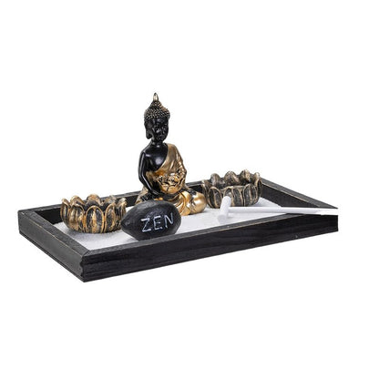 Summit Collection Gifts Meditation Zen Garden Set with Black and Gold Buddha Figurine Two Lotus Tea Light Candle Holders White Sand Decorative Wood Display Tray Decor 9" x 5"