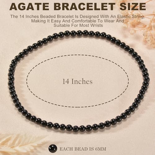 14in Agate Wrap Bracelet for Women Men Natural Round Beaded Agates Stone Healing Stretch Bracelets Elastic Handmade Polished Gemstone Beads Bracelet - color: Black Agate, size: 6mm Beads