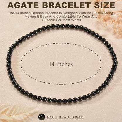 14in Agate Wrap Bracelet for Women Men Natural Round Beaded Agates Stone Healing Stretch Bracelets Elastic Handmade Polished Gemstone Beads Bracelet - color: Black Agate, size: 6mm Beads