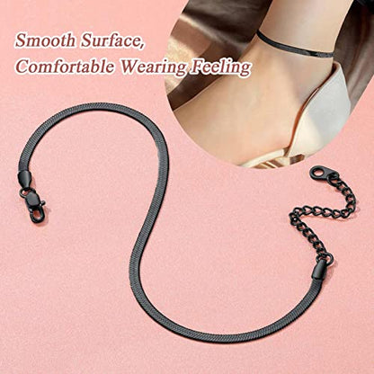 FindChic Elegant Herringbone Snake Chain Anklets/Bracelets 3MM/5MM Width Stainless Steel/18K Gold/Rose Gold Plated/Black 4 Color Options, 8.3'' 8.5'' 10.5'' Length, with Gift Box - color: A: 3mm 8.5'' anklet (Black)