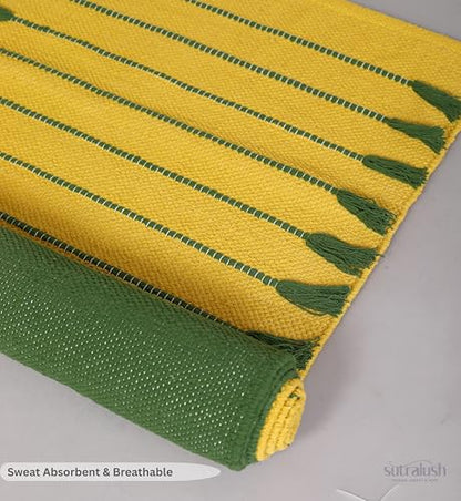 Handwoven Cotton Yoga Mat 24x72 Inch, Non-Slip Natural Yoga Rug, Soft Breathable Exercise Mat for Yoga, Pilates, Meditation & Home Workout, Green Yellow