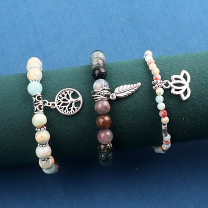 Tree of Life Yoga Healing Stone Bracelets,Multilayer Lotus Chakra Stone Reiki Bracelet Sets,Anxiety Crystal Natural Stone,for Women Stress Relief - style: Shoushan stone + Indian agate