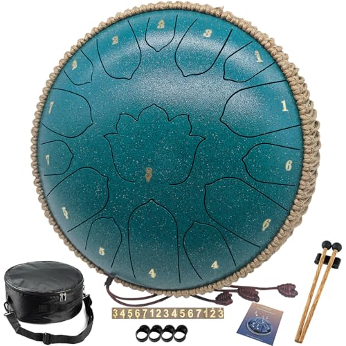 BETESINE 13-Inch 15-Note Steel Tongue Drum in C Major, Beginner-Friendly Meditation Drum with Mallets, Music Book, Finger Picks, Carry Bag & Note Stickers, Malachite Green - color: Malachite Green
