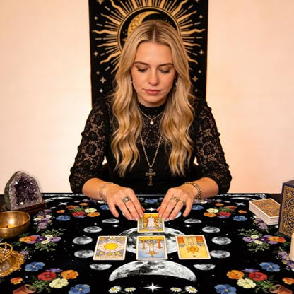 Tarot Altar Cloth Black Tablecloth Flowers and Lunar Phases Print Card Table Tablecloth with Velvet Tarot Card Bag for Reading Rituals Crystals Spiritual Divination Witchcraft Supplies - color: Flowers and Lunar
