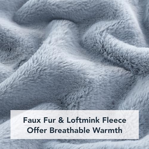 Berkshire Faux Fur Wearable Blanket, Cozy Reversible Loftmink Fleece Shawl with Hood & Side Pockets - color: Polar Blue