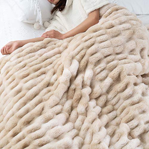 BATTILO HOME Ruched Luxury Faux Fur Throw Blanket Beige Tie-dye Rabbit Fur Blanket for Couch, Living Room, Fuzzy, Soft, Plush, Cozy, Elegant with Reversible Mink Blanket Beige, 60"x80" - color: Beige, size: 60"x80"