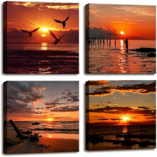 Yxbhhym-Black and Red Ocean Wall Art Beach Pictures Sea Sunset Wall Art Sunrise canvas prints photos Seascape poster painting Framed wall decor Bedroom Living Room Decor Bathroom Accessories - color: ASut7BR, size: 12"L x 12"W x 4 pcs
