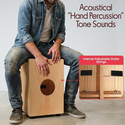 Pyle Jam - Wooden Cajon - Handcrafted Stringed Lightweight Percussion Box With Internal Guitar Strings, Rubber Capped Feet, Suitable For All Ages