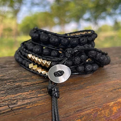 YGLINE Natural Stone Wrap Bracelet for Women Boho Bracelets Healing Crystal Beaded Bracelet Adjustable 3/5 Wraps Bracelet Handmade Birthday Gifts for Women - color: lava stone-3w