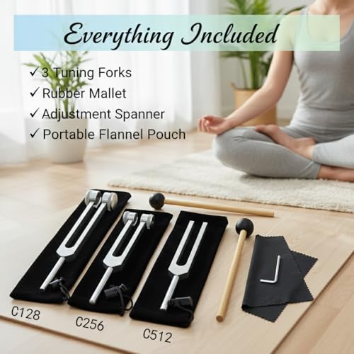 Tuning Forks for Healing Set (128Hz, 256Hz, 512Hz), Tuning Fork with Reflex Hammer for Healing/Frequency Instrument/Sound Therapy/Chakra/Yoga and Meditation Tools (Silvery), Stress Relief Gift
