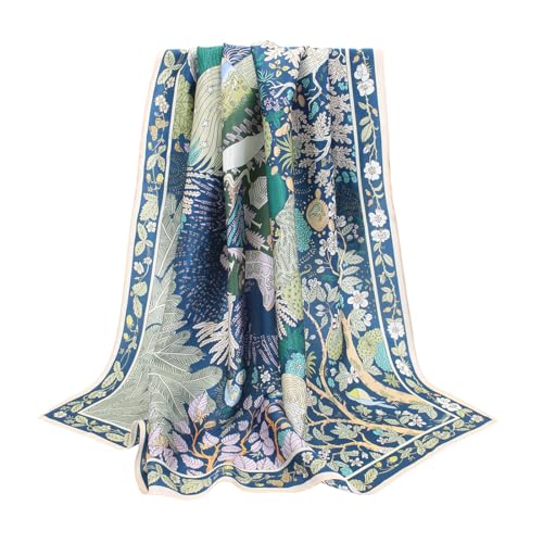 100% Pure Mulberry Silk Scarf 35" Large Square Lightweight Headscarf –Women’s Hair Wraps-With Gift Packed - color: Green&blue