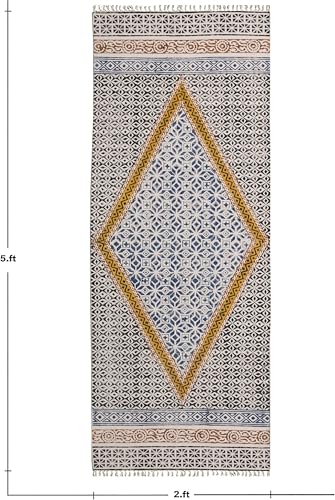 2.6x4 Ft Cotton Yoga Mat Rug – Blue Extra Large Hand-Woven Cotton Dhurrie Meditation Rug for Yoga Perfect Runner for Hallway, Kitchen, Living Room Area Runner