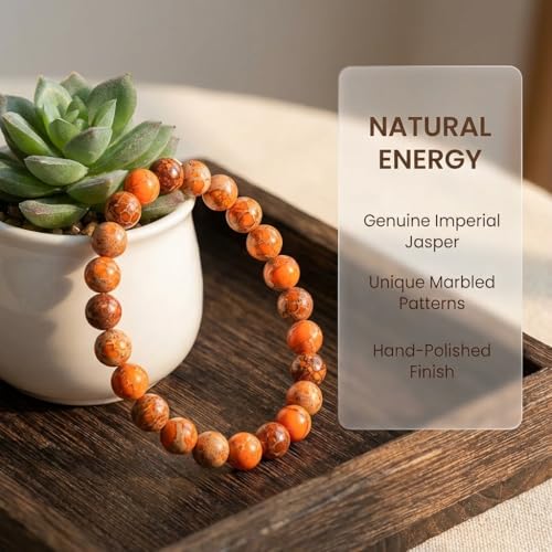 Angelstones Handmade Natural Healing Gemstone 8mm Round Beads Stretch Crystal Bracelet 7 Inch Unisex - color: Orange Sea Sediment Jasper