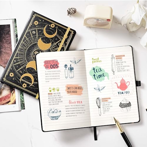 Artfan Ruled Notebook/Journal – Premium Thick Paper Classic Writing Notebook with Pocket + Page Dividers Gifts, Banded, Large, 128 Pages, Hard Cover, Lined (5.3" x 8.26") - Sun and Moon - color: BLACK16