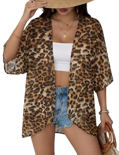 Chunoy Women Floral Beach Wear Cover Up Chiffon Kimono Cardigan Open Front Blouse Top - color: Brown Leopard, size: X-Large
