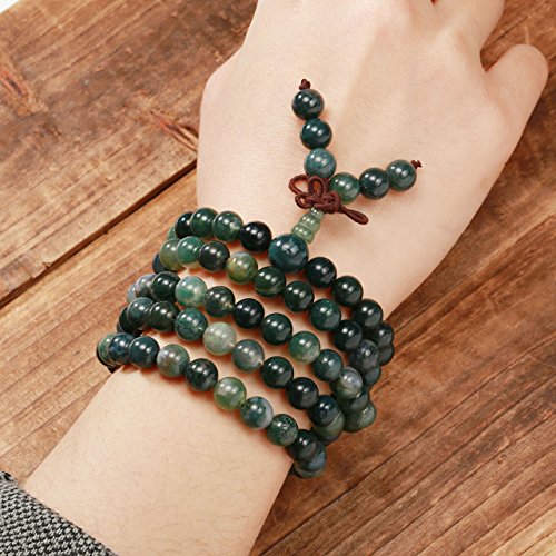 Jovivi 108 Mala Beads Bracelet 6mm 8mm Natural Indian Agate/Green Moss Agate Gemstone Healing Crystal Stone Beaded Bracelet Hand Knotted Prayer Mala Beads Necklace for Yoga Meditation Balance - color: 8mm - Moss Agate