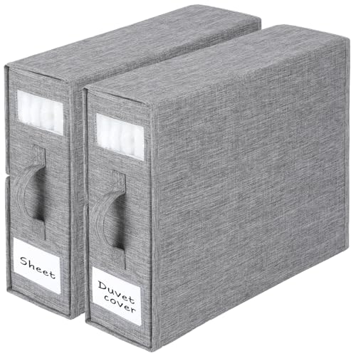 Bed Sheet Organizer 2 Pack – Foldable Linen Closet Storage for Full or Twin Size Sheets, Duvet Covers & Pillowcases, Fabric Container with Zipper & Handles, Grey