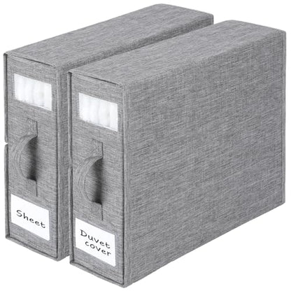 Bed Sheet Organizer 2 Pack – Foldable Linen Closet Storage for Full or Twin Size Sheets, Duvet Covers & Pillowcases, Fabric Container with Zipper & Handles, Grey
