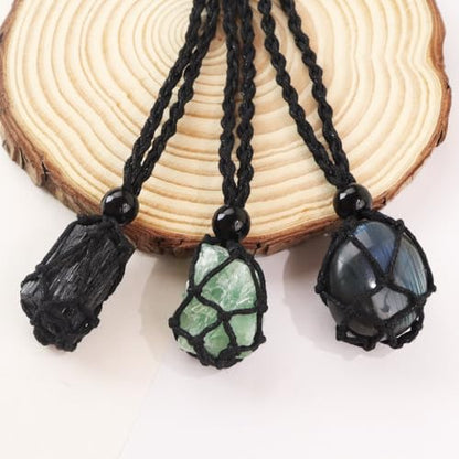 Natural unprocessed crystal raw stone hand woven rope adjustable necklace pendant for both men and women - color: C-Style 4