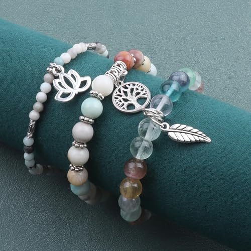 Tree of Life Yoga Healing Stone Bracelets,Multilayer Lotus Chakra Stone Reiki Bracelet Sets,Anxiety Crystal Natural Stone,for Women Stress Relief - style: Amazonite + Fluorite