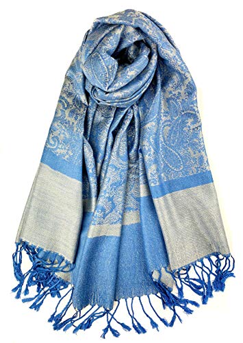 Plum Feathers Two Tone Vintage Paisley Pattern Pashmina Scarf - color: Blue Silver Paisley