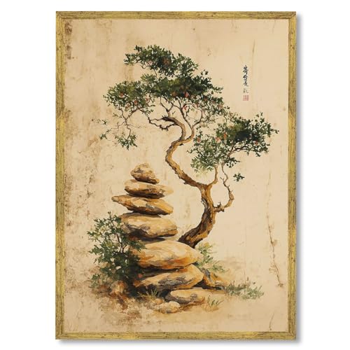Framed Zen Rock and Bonsai Poster Canvas Wall Art Prints Vintage Minimalist Aesthetic Painting Pictures Wall Decor Elegant for Living Room Bedroom Office (Gold Framed,12L X16W) - size: 12L"X16W"