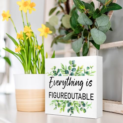 Everything is Figureoutable Wood Box Sign, Inspirational Desk Decor for Women, Small Motivational Living Room Bedroom Shelves Desk Decor Signs 5x5x1 INCH - style: Everything is Figureoutable