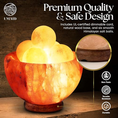 UMAID Himalayan Salt Lamp Bowl with 6 Himalayan Salt Massage Stones, Dimmable Pink Rock Salt Lamp for Bedroom, Office Desk & Meditation Room, Spa Decor, Relaxation Home Decor Gifts for Men & Women - style: Massage Bowl