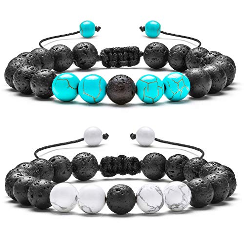 Men Women 8mm Lava Rock Aromatherapy Anxiety Essential Oil Diffuser Bracelet Braided Rope Natural Stone Yoga Gifts Beads Bracelet Bangle-21017 - style: Simulated Howlite & Turquoise