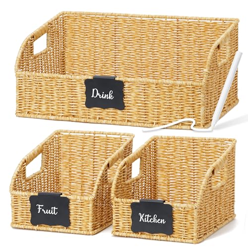 Pantry Organizers and Storage Basket for Organizing with Handles,Handwoven Large Wicker Baskets for Shelves - Waterproof Plastic Storage Bins, Boho Decorative, 3Pack, Natural - color: Natural * Plastic, size: Plastic