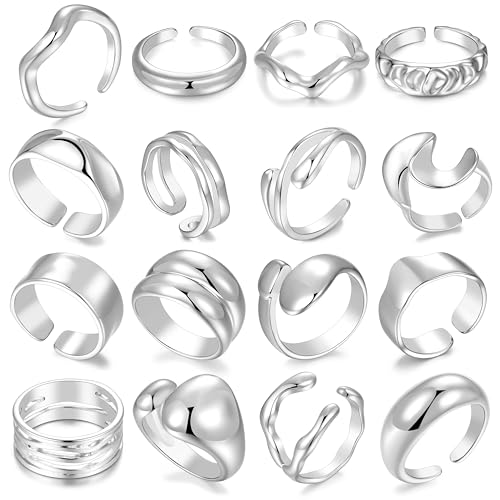 16 PCS Gold Chunky Rings Set for Women, 14k Gold Plated Thick Dome Stackable Open Rings Trendy Dainty Minimalist Jewelry Gifts - color: 03-Silver