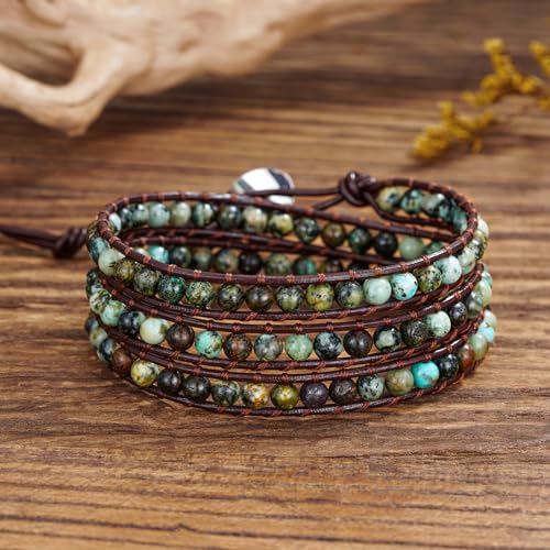 Women Boho Handmade Natural Stone Crystal Leather Bead Wrap Bracelets Collection - style: 4mm African Turquoise 3W