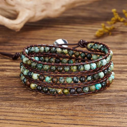 Women Boho Handmade Natural Stone Crystal Leather Bead Wrap Bracelets Collection - style: 4mm African Turquoise 3W