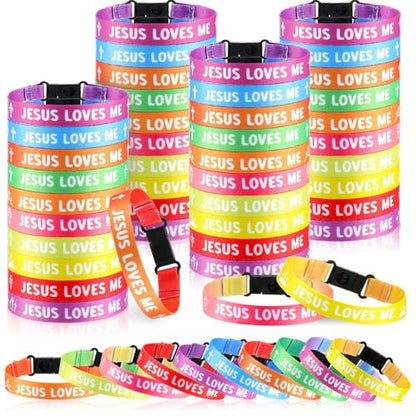 Ecally 100 Pcs Jesus Loves Me Bracelets Bulk Jesus Loves Me Woven Wristbands Christian Gifts Adjustable Wristbands Religious Gifts for VBS Sunday School Church Gift