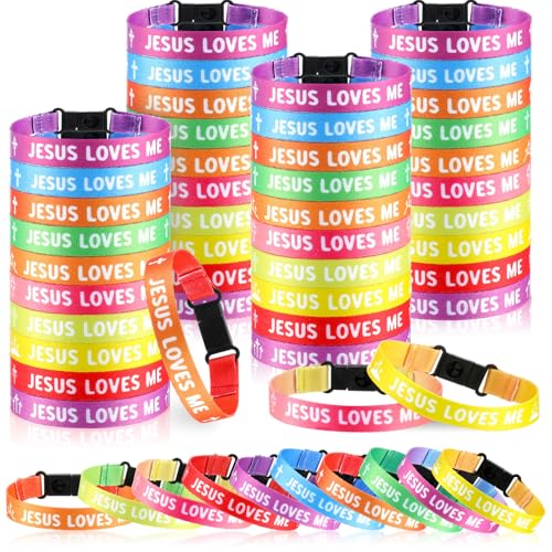 Ecally 100 Pcs Jesus Loves Me Bracelets Bulk Jesus Loves Me Woven Wristbands Christian Gifts Adjustable Wristbands Religious Gifts for VBS Sunday School Church Gift