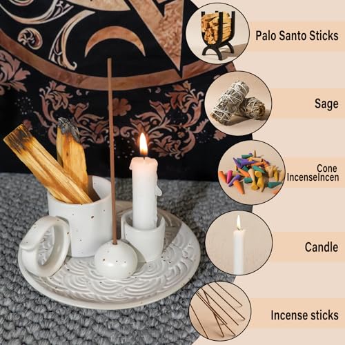 MOUGIGI 5-in-1 White Ceramic Palo Santo Burner & Holder - Small Candle and Smudge Tray for Incense Sticks & Cones, Sage, Zen Meditation Altar Accessory – Compatible with Matches for Aromatic Scents - color: Multifunctional Palo Plate-white