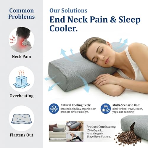 Buckwheat Pillow & Cervical Pillows for Sleeping (21x8x3inch) 100% Organic Coarse Cloth Package w Organic Buckwheat Hulls, Natural Cooling Technology and Relieve Cervical Pain. (C-Gray) - color: C-gray