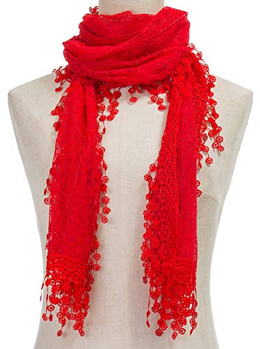 Cindy and Wendy Lightweight Soft Leaf Lace Fringes Scarf Bridal Veils shawl for Women - color: Red-2