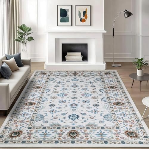 WILLSUN Washable Area Rugs, 5x7 Non-Slip Boho Large Area Rugs for Living Room, Bedroom, Machine Washable Vintage Rug, Indoor Floral Print Carpet for Home Decor, Kid & Pet Friendly Mat - color: Beige Floral, size: 5' x 7' (Rectangular)