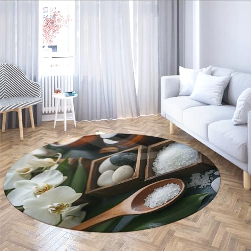 Meditation Style Washable Round Area Rugs 4ft White Orchids Salt Stones Pattern Non Slip Thin Low Pile Floor Carpet for Entryway Dining Room - color: Ydt13, size: 4ft (Round)